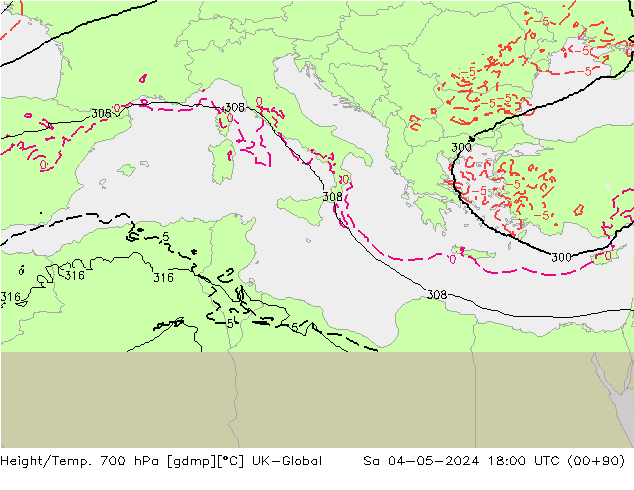 Height/Temp. 700 hPa UK-Global sab 04.05.2024 18 UTC