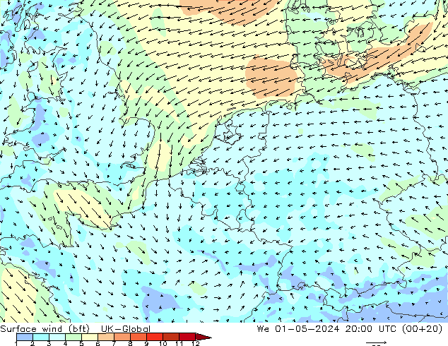 Viento 10 m (bft) UK-Global mié 01.05.2024 20 UTC