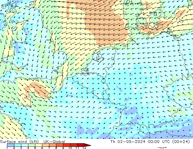 Surface wind (bft) UK-Global Th 02.05.2024 00 UTC