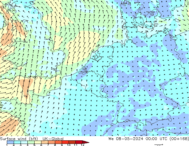 Surface wind (bft) UK-Global We 08.05.2024 00 UTC