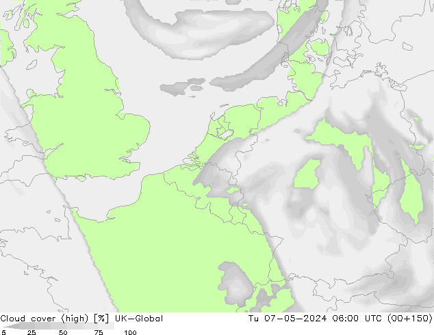 Cloud cover (high) UK-Global Tu 07.05.2024 06 UTC