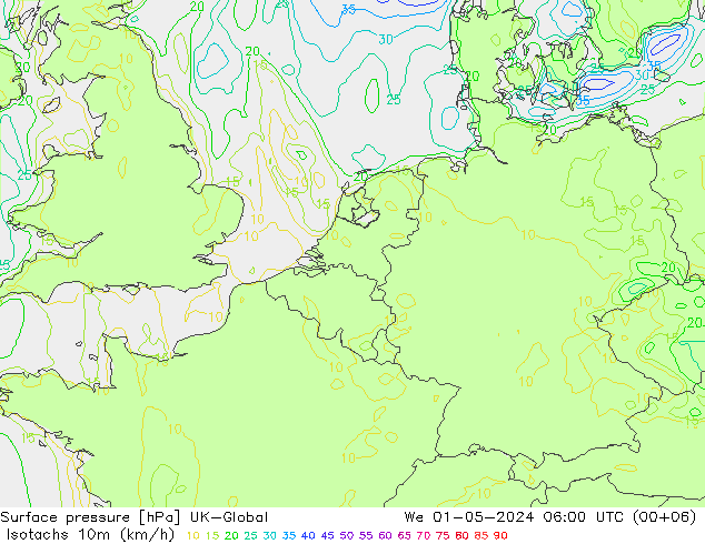 Isotachen (km/h) UK-Global Mi 01.05.2024 06 UTC