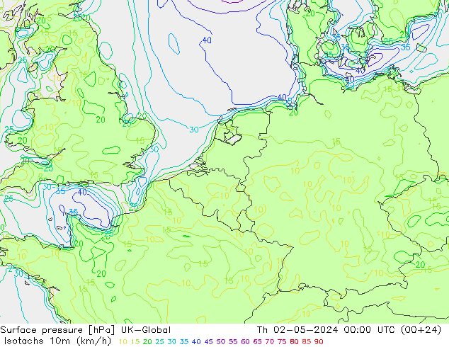 Isotachs (kph) UK-Global Th 02.05.2024 00 UTC