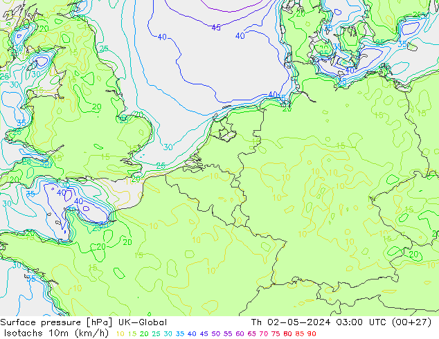 Isotachs (kph) UK-Global Th 02.05.2024 03 UTC