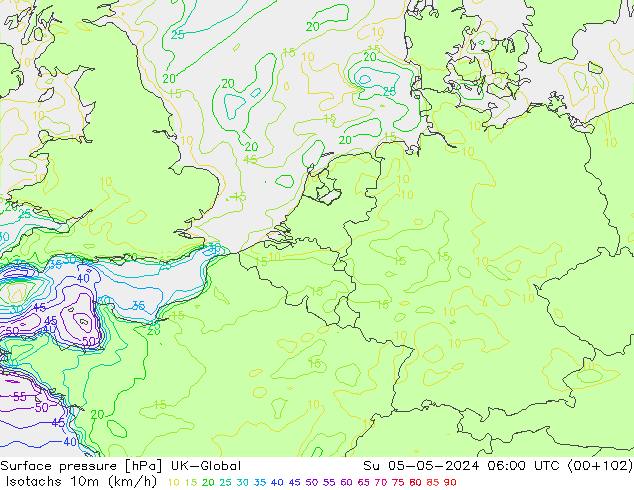 Eşrüzgar Hızları (km/sa) UK-Global Paz 05.05.2024 06 UTC