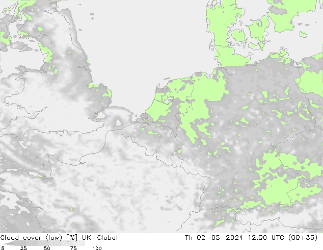 Cloud cover (low) UK-Global Th 02.05.2024 12 UTC