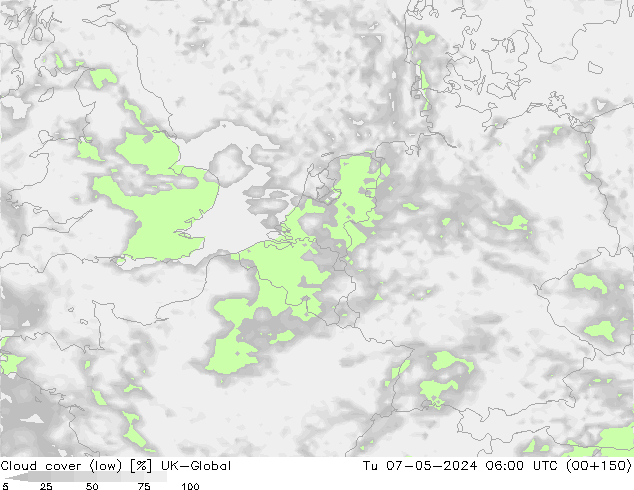 Cloud cover (low) UK-Global Tu 07.05.2024 06 UTC