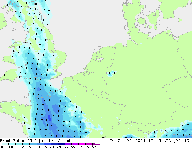 Precipitation (6h) UK-Global We 01.05.2024 18 UTC