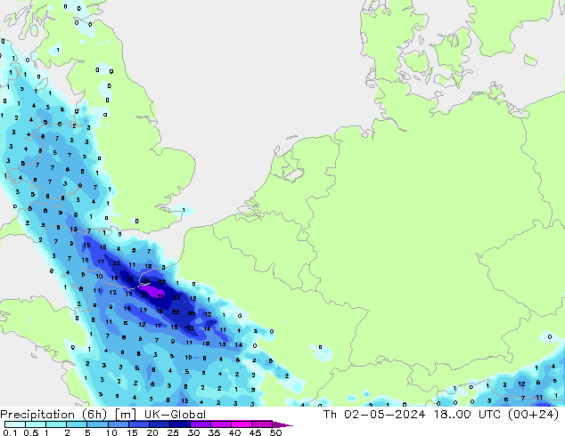 Precipitation (6h) UK-Global Th 02.05.2024 00 UTC