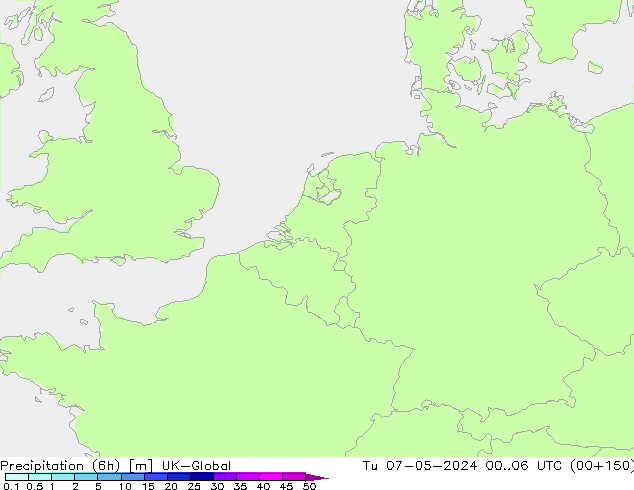 Precipitation (6h) UK-Global Út 07.05.2024 06 UTC