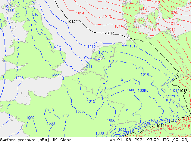 Pressione al suolo UK-Global mer 01.05.2024 03 UTC