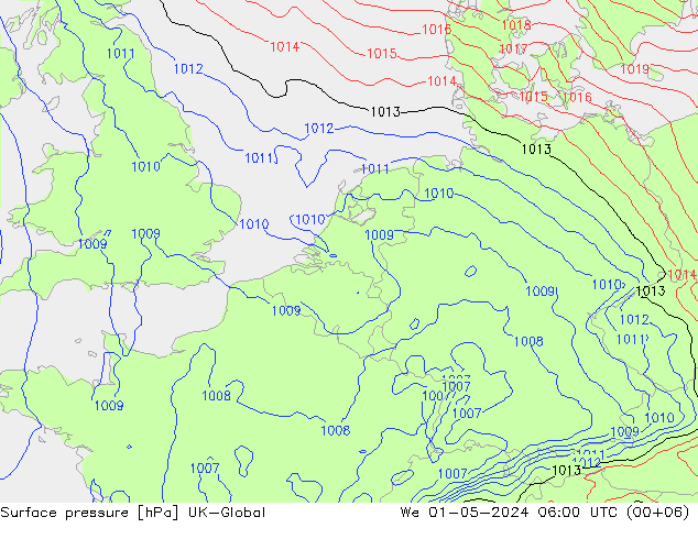 Pressione al suolo UK-Global mer 01.05.2024 06 UTC