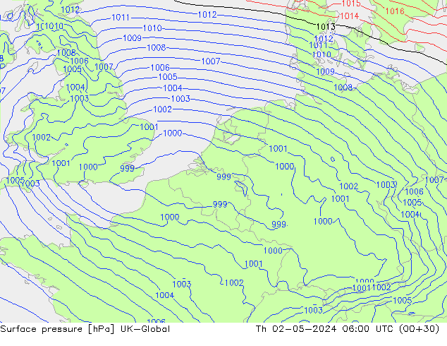 Surface pressure UK-Global Th 02.05.2024 06 UTC