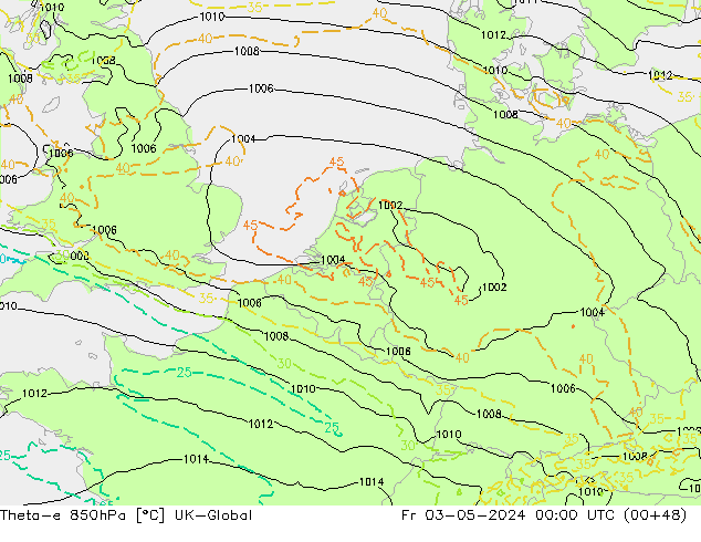 Theta-e 850hPa UK-Global Fr 03.05.2024 00 UTC