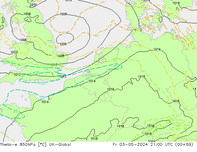 Theta-e 850hPa UK-Global Fr 03.05.2024 21 UTC