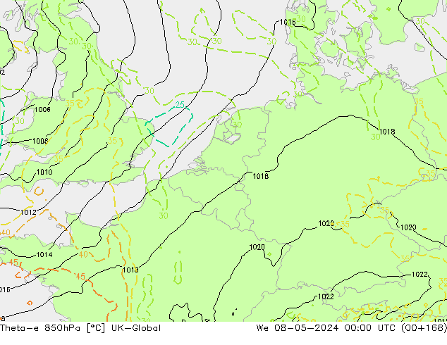 Theta-e 850hPa UK-Global Qua 08.05.2024 00 UTC