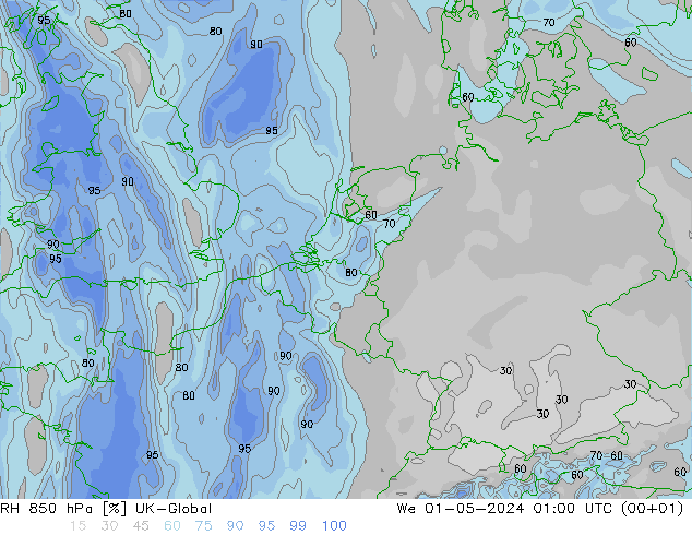 RH 850 hPa UK-Global We 01.05.2024 01 UTC