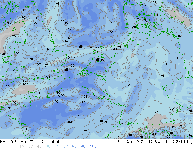 RH 850 hPa UK-Global So 05.05.2024 18 UTC