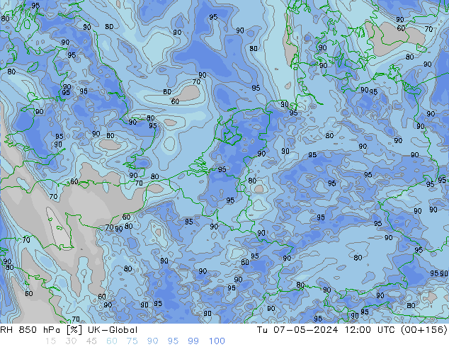 RH 850 гПа UK-Global вт 07.05.2024 12 UTC