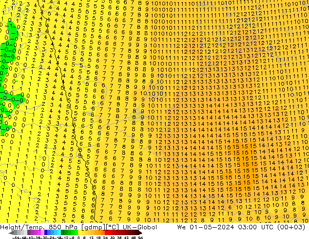 Height/Temp. 850 hPa UK-Global Qua 01.05.2024 03 UTC