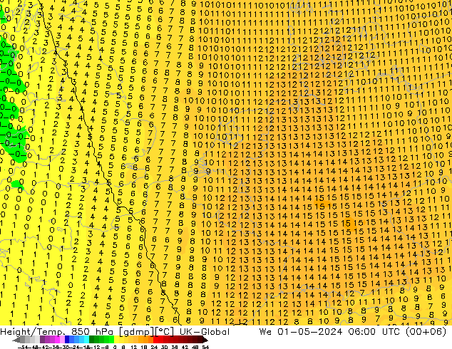 Height/Temp. 850 hPa UK-Global We 01.05.2024 06 UTC