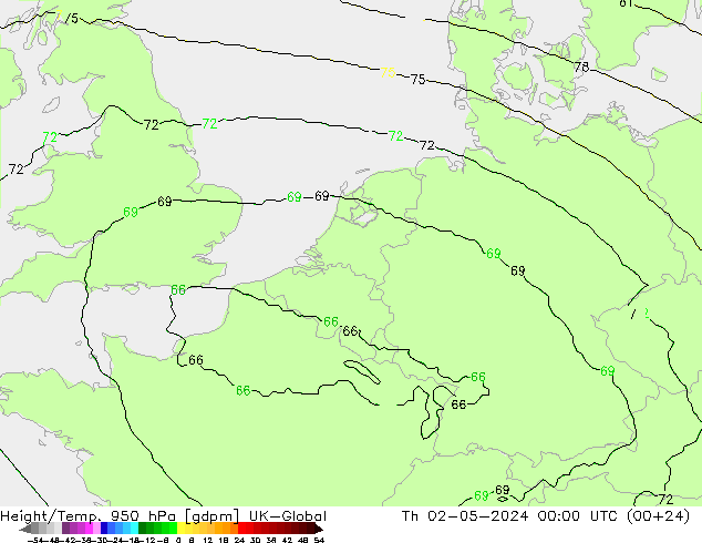 Height/Temp. 950 hPa UK-Global Qui 02.05.2024 00 UTC