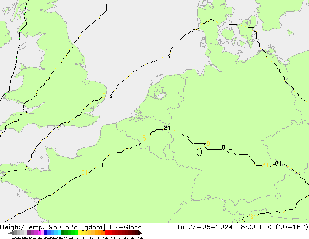 Height/Temp. 950 гПа UK-Global вт 07.05.2024 18 UTC