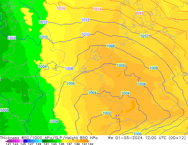 Thck 850-1000 hPa UK-Global We 01.05.2024 12 UTC