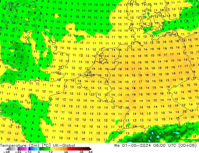 Temperaturkarte (2m) UK-Global Mi 01.05.2024 06 UTC