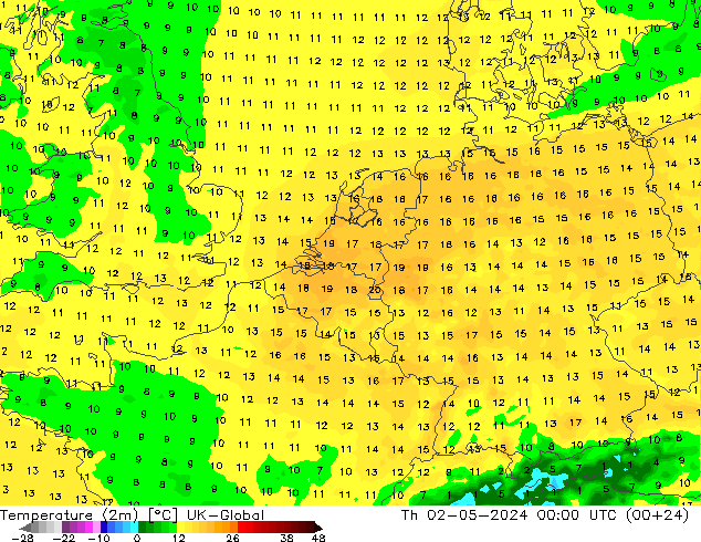 Temperature (2m) UK-Global Th 02.05.2024 00 UTC