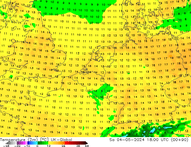 Temperaturkarte (2m) UK-Global Sa 04.05.2024 18 UTC