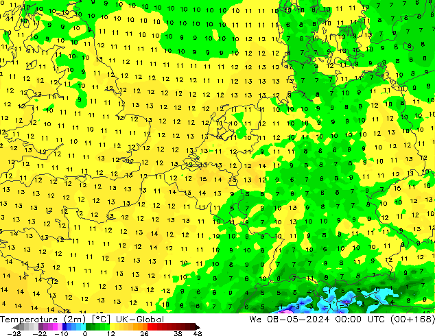 Temperaturkarte (2m) UK-Global Mi 08.05.2024 00 UTC