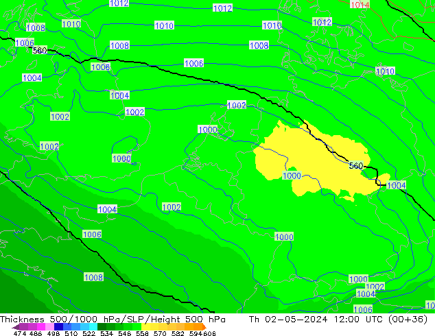 Espesor 500-1000 hPa UK-Global jue 02.05.2024 12 UTC