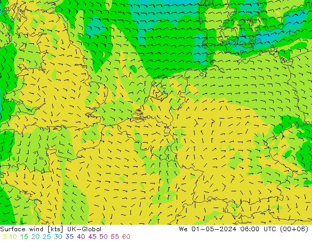 Surface wind UK-Global We 01.05.2024 06 UTC