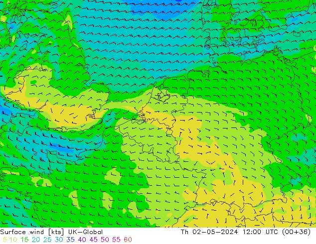 Surface wind UK-Global Th 02.05.2024 12 UTC