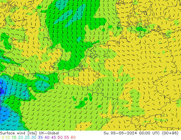 Vento 10 m UK-Global dom 05.05.2024 00 UTC