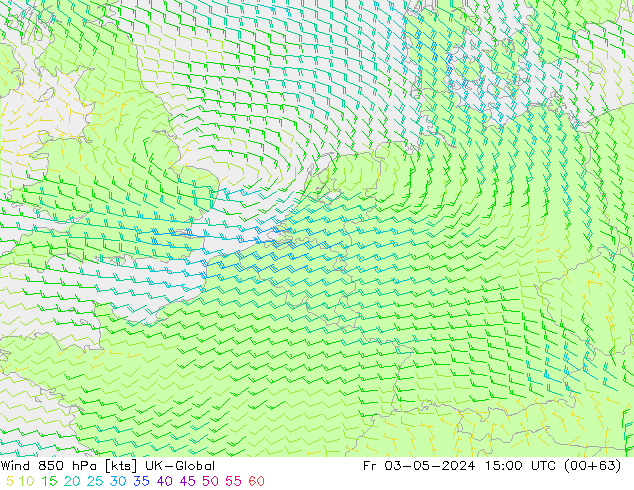 Wind 850 hPa UK-Global Fr 03.05.2024 15 UTC