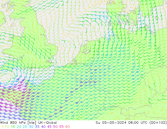 Wind 850 hPa UK-Global zo 05.05.2024 06 UTC