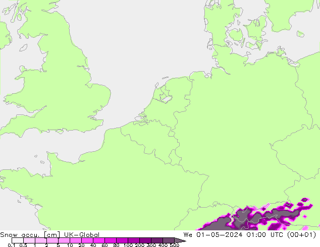 Snow accu. UK-Global mer 01.05.2024 01 UTC