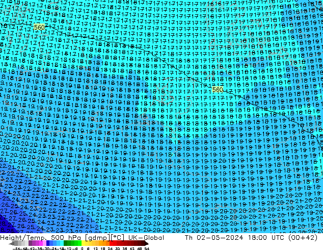 Height/Temp. 500 hPa UK-Global Th 02.05.2024 18 UTC