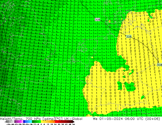 Height/Temp. 700 hPa UK-Global Mi 01.05.2024 06 UTC