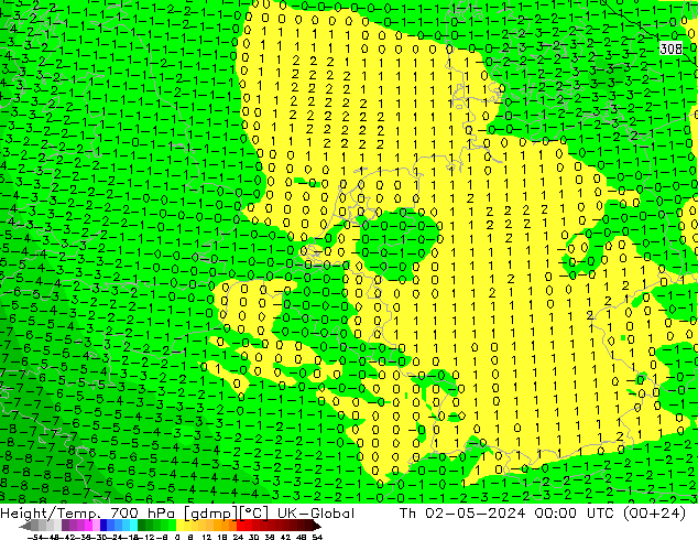 Height/Temp. 700 hPa UK-Global Th 02.05.2024 00 UTC