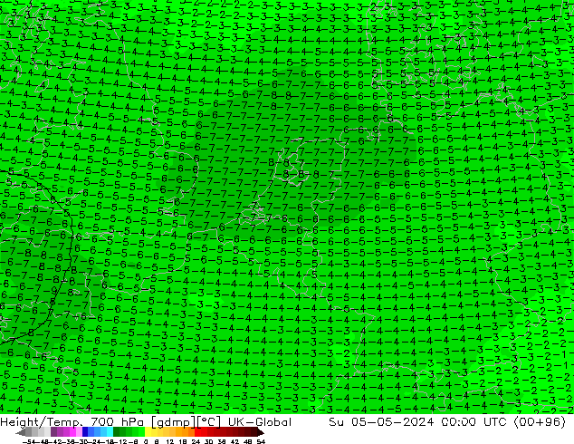 Height/Temp. 700 hPa UK-Global nie. 05.05.2024 00 UTC