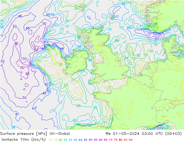 Isotachs (kph) UK-Global We 01.05.2024 03 UTC