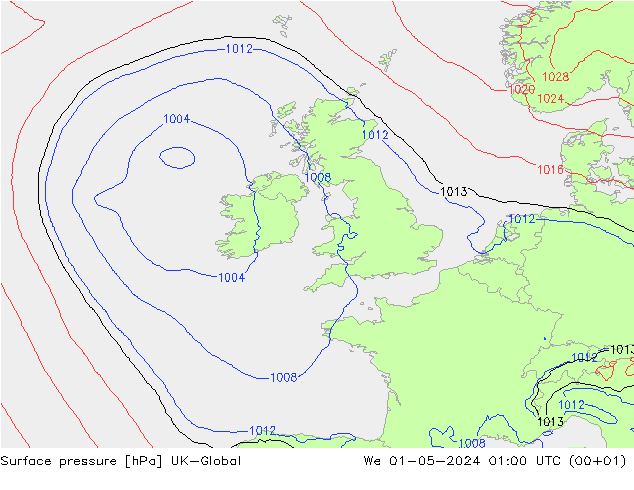 Pressione al suolo UK-Global mer 01.05.2024 01 UTC