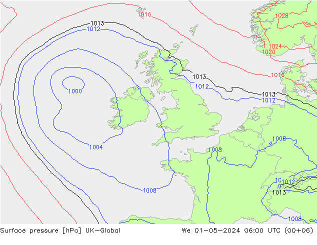 Pressione al suolo UK-Global mer 01.05.2024 06 UTC