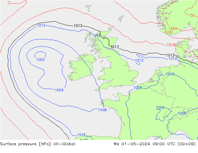 Atmosférický tlak UK-Global St 01.05.2024 09 UTC