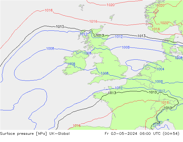 Pressione al suolo UK-Global ven 03.05.2024 06 UTC