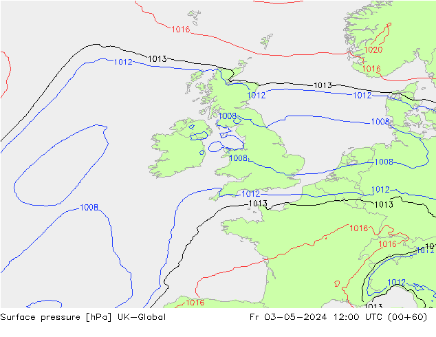 Pressione al suolo UK-Global ven 03.05.2024 12 UTC