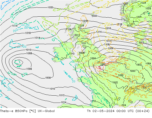 Theta-e 850hPa UK-Global Th 02.05.2024 00 UTC